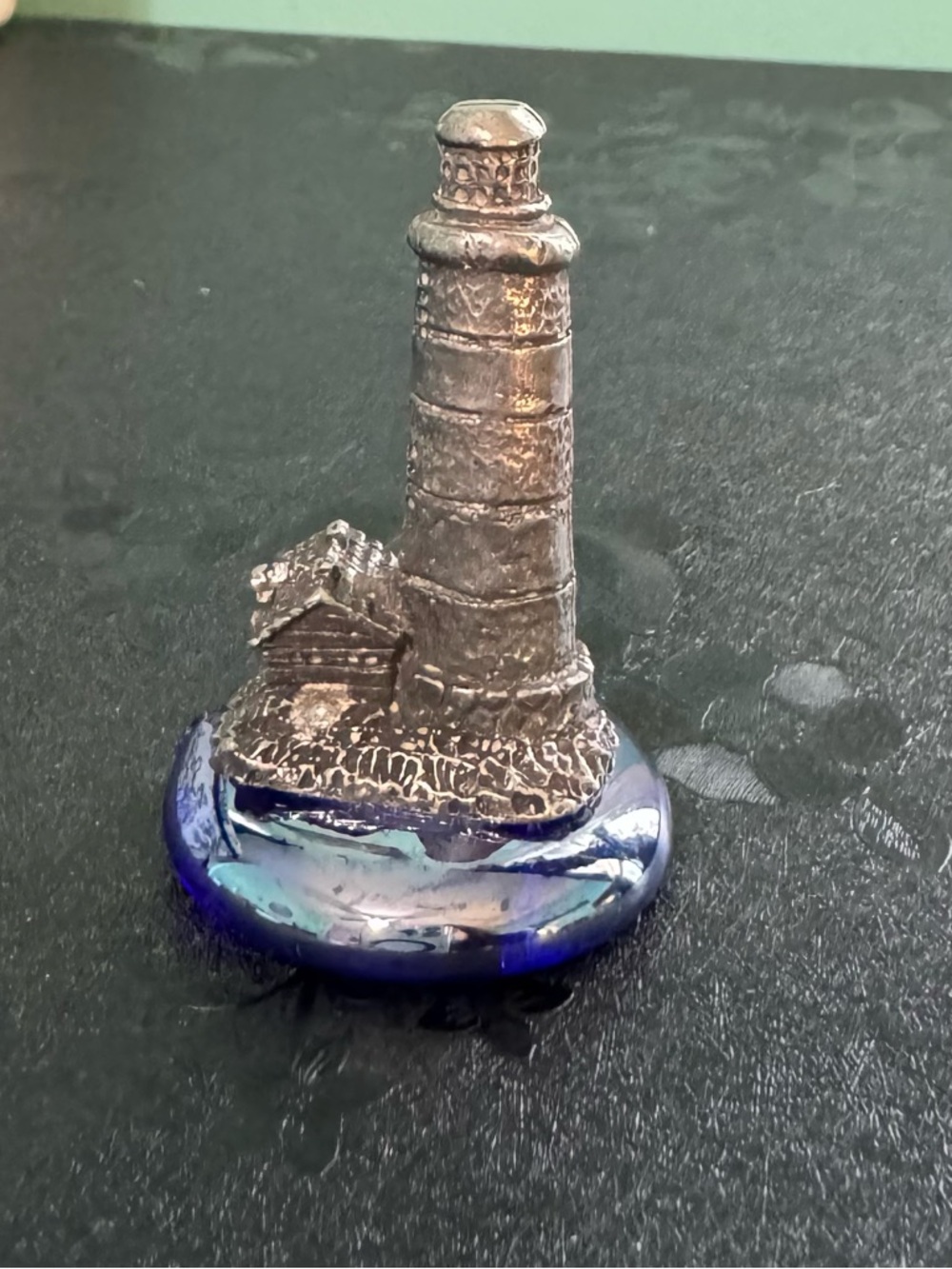 Small Pewter Lighthouse Figurine on Blue Glass Base - Home Art Decor